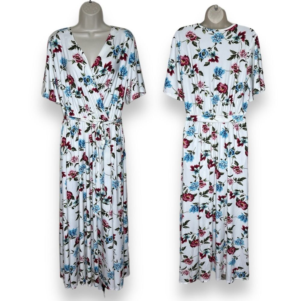 Frumos Surplice Wrap Maxi Dress Cream Floral Short Flutter Sleeve Women Size 1XL